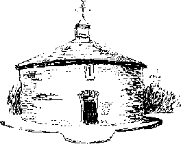 A drawing of a squat round brick building topped with a tiled roof and a central chimney with a weather symbol at the top of it. There is one door shown with any windows at the sides out of the view of the artist.