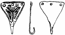Black and white drawing of a Saxon silver dress fastening found on Cranmer Green. It is triangular with some engraved decoration on the front, plain on the back with a pin to hold fabric in place.