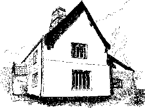 A black and white illustration showing the end view of a building with a high pitched roofline. It shows a porch on the wall to the left and there is some sort of extension on the wall at the right. There appear to be Mullion windows on the end wall.