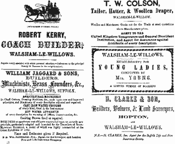 A page from a county directory with advertisements for Robert Kerry coach-builder, William Jaggard and Son builders, Mrs Young’s establishment for young ladies and H. Clarke and son builders, valuers and land surveyors.