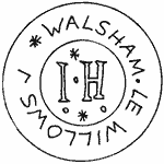A drawing of the back of the disk. Large initials “I.H” in the centre and “* WALSHAM LE WILLOWS” circling it.
