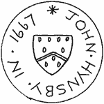 A drawing of the front of a disk which has the front with a shield in the centre and “* JOHN HYNSBY IN 1667” in a circle round it.