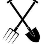 black and white graphic of crossed fork and spade