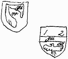 Two shields one being the lady’s sleeve (Hastings), the other being that of Elmham i.e. the 3 Spread Eagles.