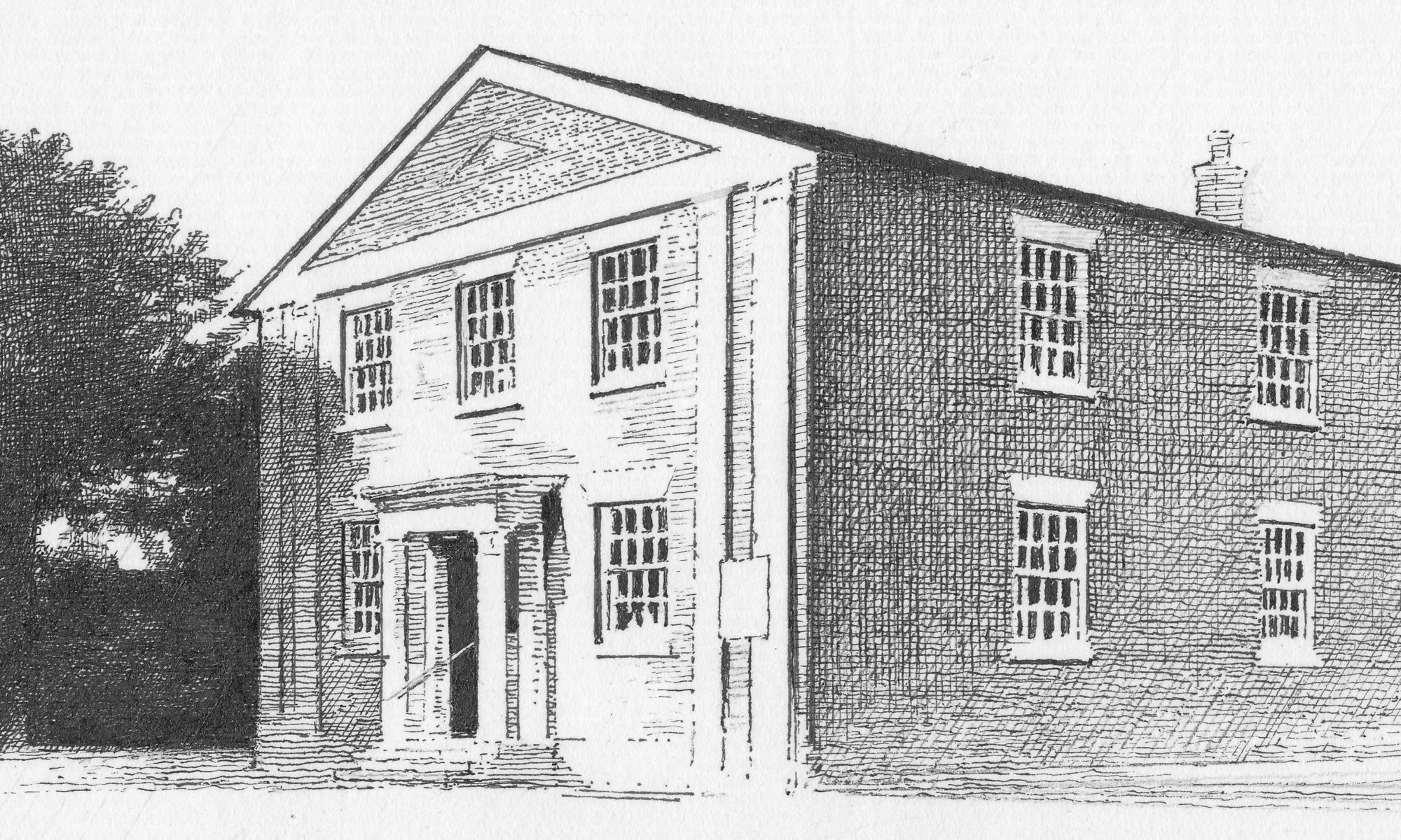 Fine black and white line drawing of Walsham Congregational church