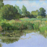 'August' by Diana Calvert Landscape of fenland in August by Diana Calvert, pastel shades, greens and blues of trees and rushes reflected in water in foregound