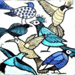 'Birds' Card print by Hilary Evans A number of brightly coloured birds mainly in blue and subtle yellow against a white background showing a variety of patterns in their colouring, dots, flecks, lines, some showing their wings as in flight.