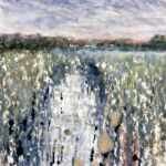 Lopham Fen by Gillian Crossley-Holland Pastel shades if green blue and brown representing fenland with dyke runnign down middle of painting and reeds, grasses to either side against a darkening sky